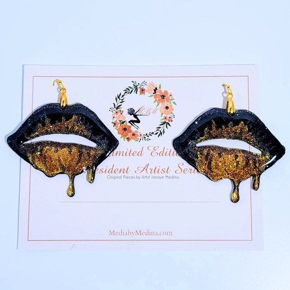 ⭐️SOLD⭐️🆕MBM "Black Gold" Drip Lip Earrings 3" - Picture 3 of 13